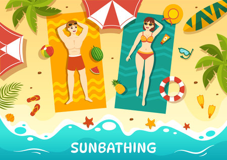 Sunbathing Vector Illustration of People Lying on Chaise Lounge and Relaxing on Beach Summer Holidays in Flat Cartoon Hand Drawn Templatesのイラスト素材