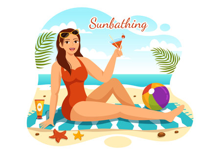 Sunbathing Vector Illustration of People Lying on Chaise Lounge and Relaxing on Beach Summer Holidays in Flat Cartoon Hand Drawn Templatesのイラスト素材