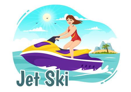 People Ride Jet Ski Vector Illustration Summer Vacation Recreation, Extreme Water Sports and Resort Beach Activity in Hand Drawn Flat Cartoon Templateのイラスト素材