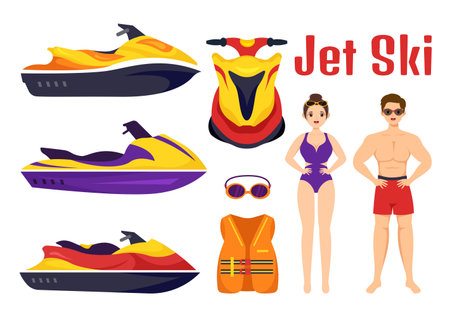 People Ride Jet Ski Vector Illustration Summer Vacation Recreation, Extreme Water Sports and Resort Beach Activity in Hand Drawn Flat Cartoon Templateのイラスト素材