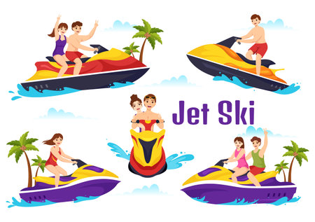 People Ride Jet Ski Vector Illustration Summer Vacation Recreation, Extreme Water Sports and Resort Beach Activity in Hand Drawn Flat Cartoon Templateのイラスト素材