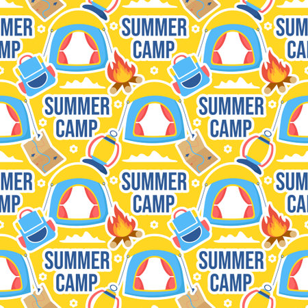 Summer Camp Seamless Pattern Design of Camping and Traveling Element in Template Hand Drawn Cartoon...