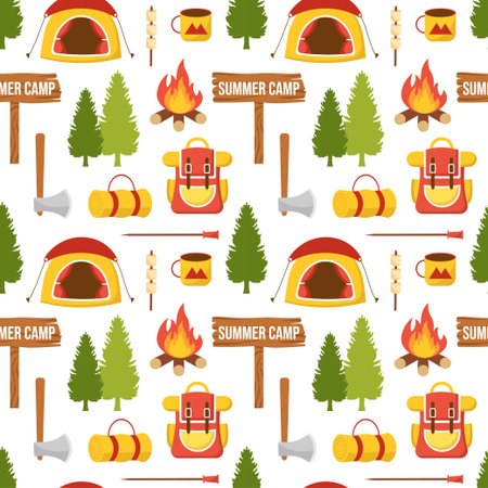 Summer Camp Seamless Pattern Design of Camping and Traveling Element in Template Hand Drawn Cartoon Flat Illustrationのイラスト素材