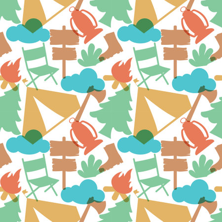 Summer Camp Seamless Pattern Design of Camping and Traveling Element in Template Hand Drawn Cartoon Flat Illustrationのイラスト素材