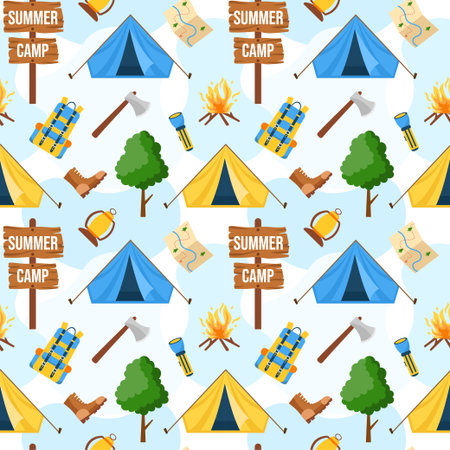 Summer Camp Seamless Pattern Design of Camping and Traveling Element in Template Hand Drawn Cartoon Flat Illustrationのイラスト素材