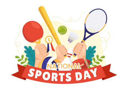 National Sports Day Vector Illustration with Sportsperson from Different Sport in Flat Cartoon Hand Drawn Landing Page Background Templatesのイラスト素材