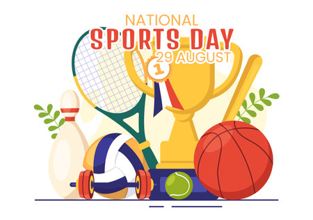 National Sports Day Vector Illustration with Sportsperson from Different Sport in Flat Cartoon Hand Drawn Landing Page Background Templatesのイラスト素材