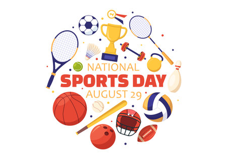 National Sports Day Vector Illustration with Sportsperson from Different Sport in Flat Cartoon Hand Drawn Landing Page Background Templatesのイラスト素材