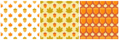 Set of Autumn Seamless Pattern Illustration Element Panoramic of Maple Trees Fallen in Cartoon Template Hand Drawnのイラスト素材