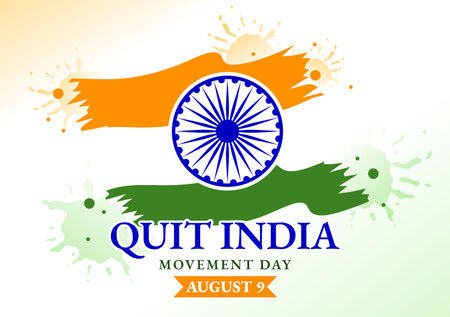Quit India Movement Day Vector Illustration on 9 August with Indian Flag and People Silhouette in...