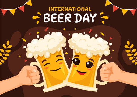 International Beer Day Vector Illustration with Cheers Beers Celebration in Flat Cartoon Hand Drawn Landing Page background Templatesのイラスト素材