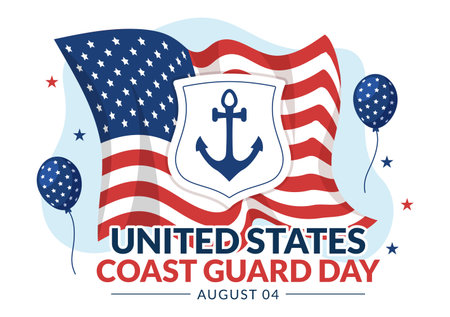 United States Coast Guard Day Vector Illustration on August 4 with American Flag and Ship Background in Flat Cartoon Hand Drawn Templatesのイラスト素材