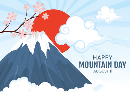 Mountain Day in Japan Vector Illustration on August 11 with Mount Fuji and Sakura Flower Background in Flat Cartoon Hand Drawn Templatesのイラスト素材