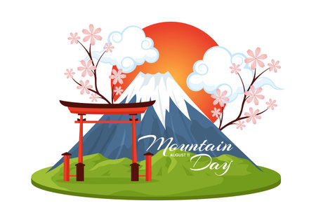 Mountain Day in Japan Vector Illustration on August 11 with Mount Fuji and Sakura Flower Background in Flat Cartoon Hand Drawn Templatesのイラスト素材