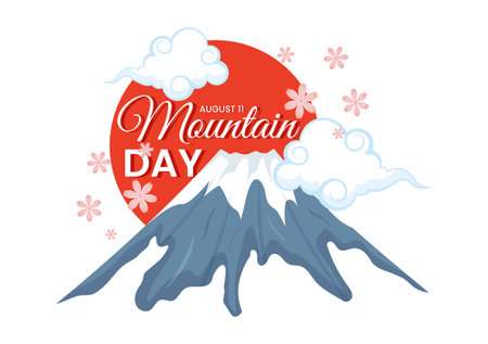 Mountain Day in Japan Vector Illustration on August 11 with Mount Fuji and Sakura Flower Background in Flat Cartoon Hand Drawn Templatesのイラスト素材