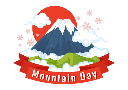 Mountain Day in Japan Vector Illustration on August 11 with Mount Fuji and Sakura Flower Background in Flat Cartoon Hand Drawn Templatesのイラスト素材