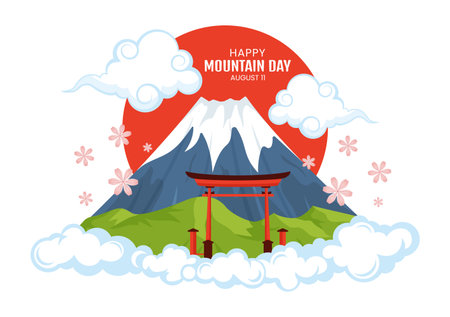 Mountain Day in Japan Vector Illustration on August 11 with Mount Fuji and Sakura Flower Background in Flat Cartoon Hand Drawn Templatesのイラスト素材