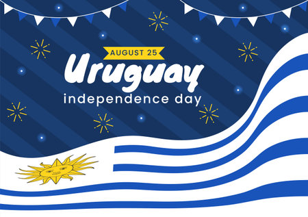 Happy Uruguay Independence Day Vector Illustration on 25 August with Waving Flag in National Holiday Flat Cartoon Hand Drawn Templatesのイラスト素材