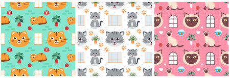 Set of Cats Animals Seamless Pattern Design with Cat Element in Template Hand Drawn Cartoon Flat Illustrationのイラスト素材