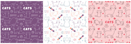 Set of Cats Animals Seamless Pattern Design with Cat Element in Template Hand Drawn Cartoon Flat Illustrationのイラスト素材