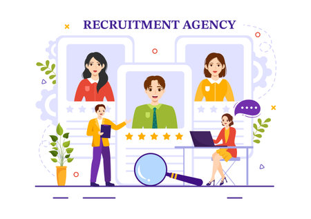 Recruitment Agency Vector Illustration with Managers Searching Candidate for Job Position in Flat Cartoon Hand Drawn Background Templatesのイラスト素材