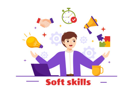 Soft Skills Vector Illustration of Office Workers Empathy, Communication, Idea Development, Skill and Education at Work in Flat Background Templateのイラスト素材