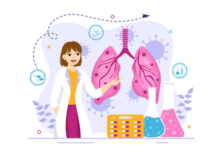 Respiratory Infection Vector Illustration of Inflammation in the Lungs with Virus Cells in Healthcare Background Flat Cartoon Hand Drawn Templatesのイラスト素材
