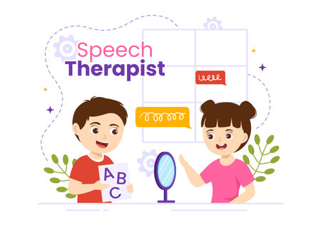 Speech Therapist Vector Illustration with Child Training Basic Language Skills and Articulation Problem in Flat Cartoon Hand Drawn Templatesのイラスト素材