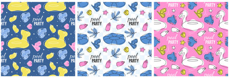 Set of Swimming Pool Seamless Pattern Vector Illustration with Summer Vacation Element in Flat...
