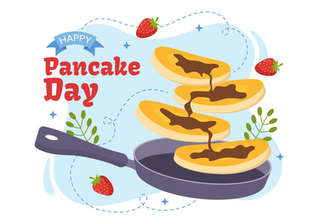Pancake Day Vector Illustration a Plate of Pancakes Topped with Syrup, Cherries and Blueberries in Homemade Bakery Flat Cartoon Hand Drawn Templatesのイラスト素材