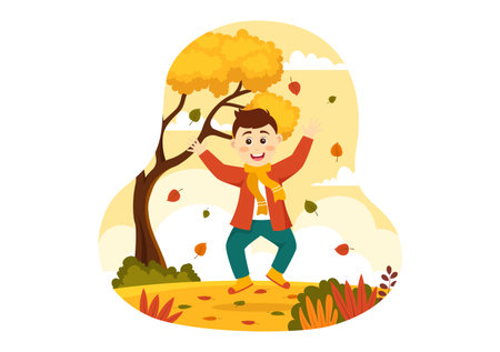 Fall Activity Vector Illustration with Activities like a People Rides a Bicycle, Read Book, Relax or Jogging in the Autumn City Park Templatesのイラスト素材
