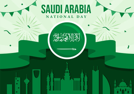 Happy Saudi Arabia National Day Vector Illustration on September 23 with Waving Flag Background in Flat Cartoon Hand Drawn Landing Page Templatesのイラスト素材