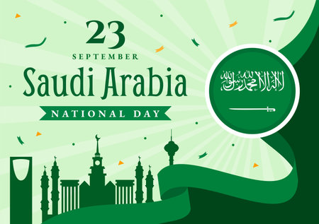 Happy Saudi Arabia National Day Vector Illustration on September 23 with Waving Flag Background in Flat Cartoon Hand Drawn Landing Page Templatesのイラスト素材