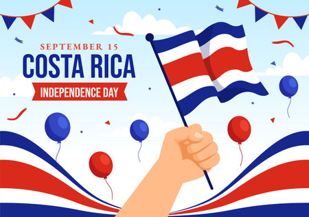 Happy Independence Day of Costa Rica Vector Illustration on September 15 with Waving Flag Background and Confetti in Hand Drawn Templatesのイラスト素材