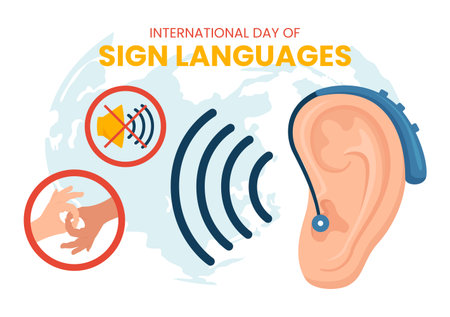 International Day of Sign Languages Vector Illustration with People Show Hand Gestures and Hearing Disability in Flat Cartoon Hand Drawn Templatesのイラスト素材