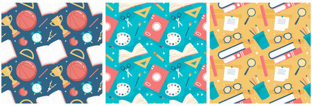 Set of Happy Teacher Seamless Pattern Design Educational Style Elements in Template Hand Drawn...