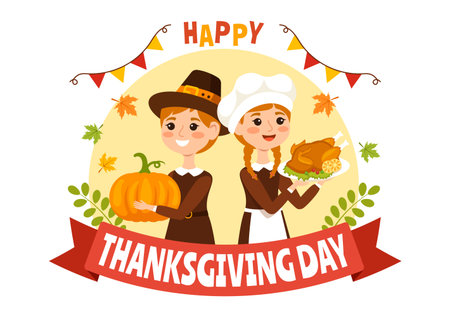 Happy Thanksgiving Day Vector Illustration with Turkey Bird, Pumpkin, Leaves and Many Others Elements Background Flat Cartoon Hand Drawn Templatesのイラスト素材