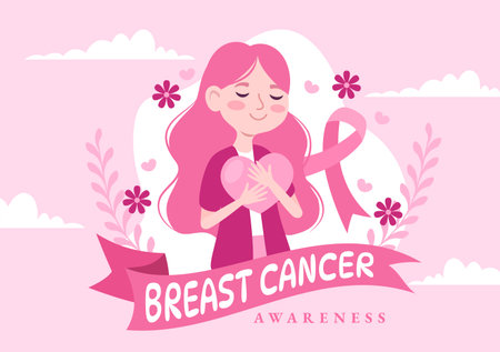 Breast Cancer Awareness Month Vector Illustration of Diverse Women with Pink Support Ribbon for Healthcare Campaign Solidarity Background Templatesのイラスト素材