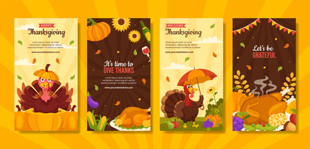 Happy Thanksgiving Social Media Stories Flat Cartoon Hand Drawn Templates Background Illustrationのイラスト素材