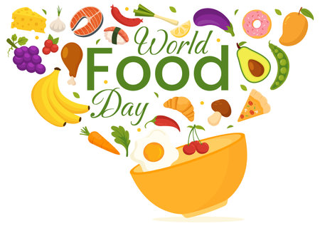 World Food Day Vector Illustration on 16 October with Various Foods, Fruit and Vegetable in Flat Cartoon Hand Drawn Background Templatesのイラスト素材
