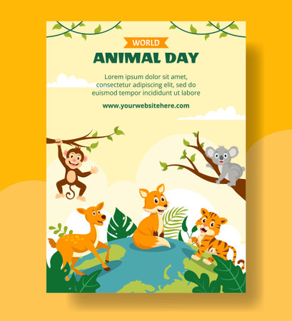 World Animal Day Vertical Poster Flat Cartoon Hand Drawn Templates Background Illustrationのイラスト素材