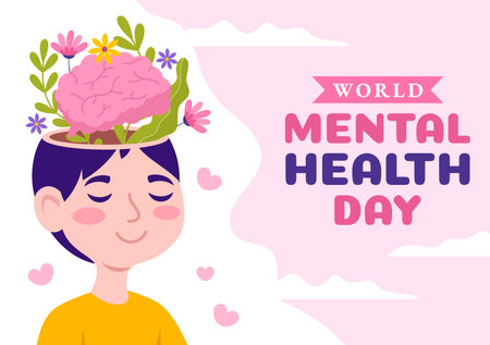 World Mental Health Day Vector Illustration on October 10 with Healthy Problem and Heart in Brain in Flat Cartoon Hand Drawn Background Templatesのイラスト素材