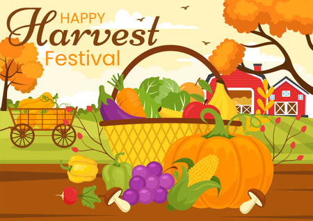 Happy Harvest Festival Vector Illustration of Autumn Season Background with Pumpkins, Maple Leaves, Fruits or Vegetables in Flat Cartoon Templatesのイラスト素材