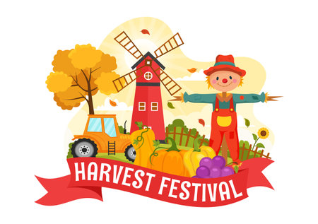 Happy Harvest Festival Vector Illustration of Autumn Season Background with Pumpkins, Maple Leaves, Fruits or Vegetables in Flat Cartoon Templatesのイラスト素材