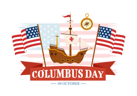 Happy Columbus Day Vector Illustration of National Usa Holiday with Ship and American Flag Background in Flat Cartoon Hand Drawn Templatesのイラスト素材