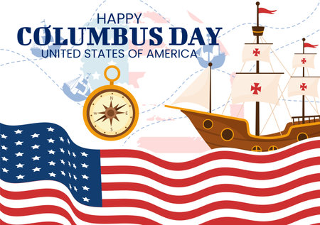 Happy Columbus Day Vector Illustration of National Usa Holiday with Ship and American Flag Background in Flat Cartoon Hand Drawn Templatesのイラスト素材