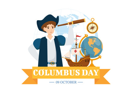 Happy Columbus Day Vector Illustration of National Usa Holiday with Ship and American Flag Background in Flat Cartoon Hand Drawn Templatesのイラスト素材