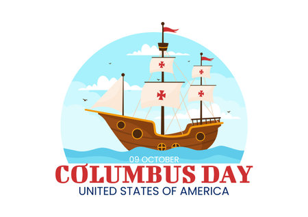 Happy Columbus Day Vector Illustration of National Usa Holiday with Ship and American Flag Background in Flat Cartoon Hand Drawn Templatesのイラスト素材