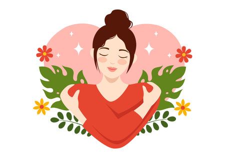 Self Love Vector Illustration with Women Love Yourself, Relaxation, Motivational Phrases and Hearts in Flat Cartoon Hand Drawn Background Templatesのイラスト素材