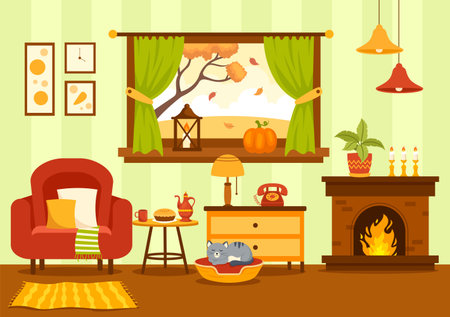 Autumn Cozy Home Decor Vector Illustration with Living Room Interior Furniture Background Elements in Flat Cartoon Hand Drawn Templatesのイラスト素材